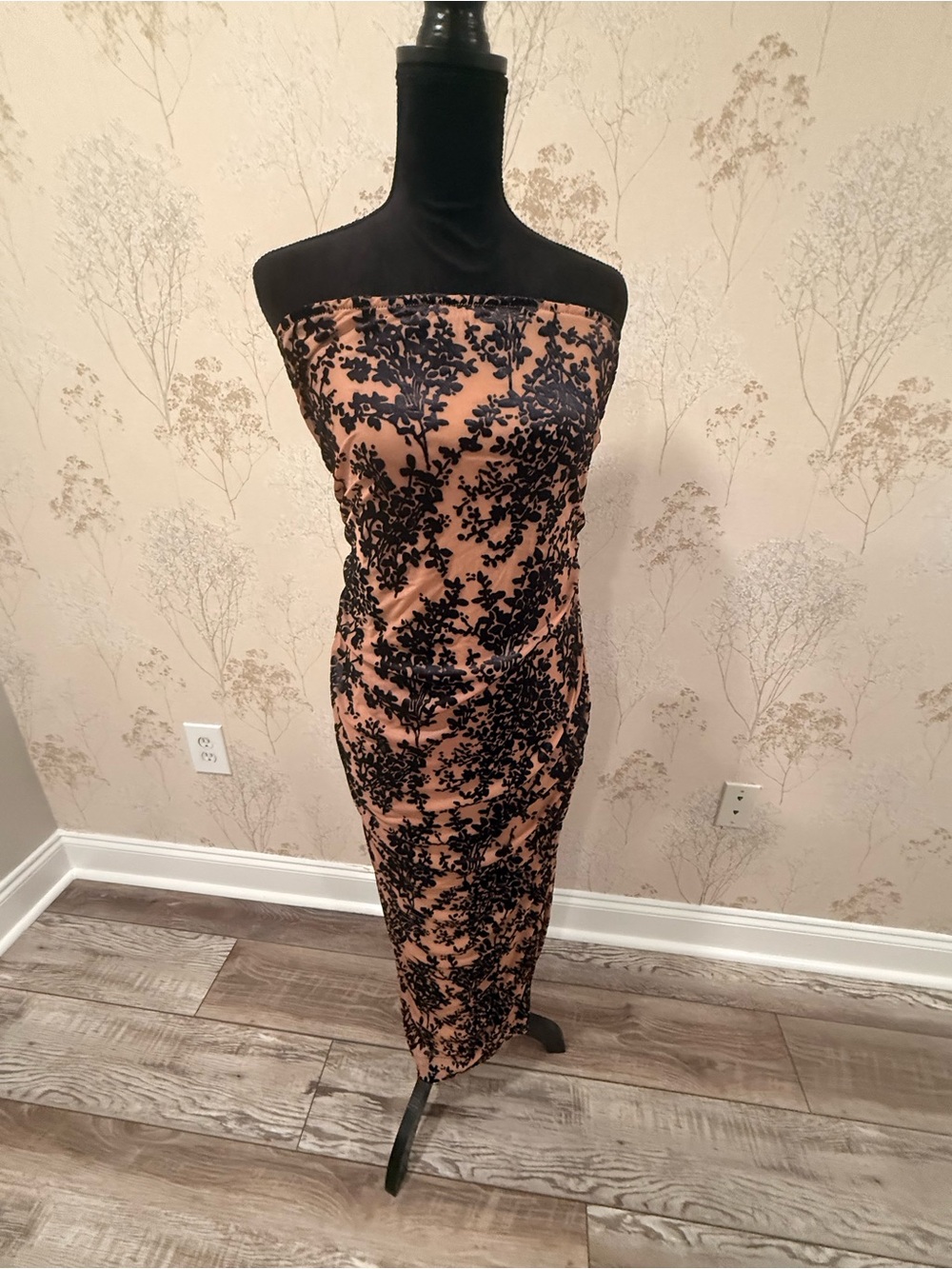 Strapless Black Lace Overlay Nude Midi Dress with side rouching